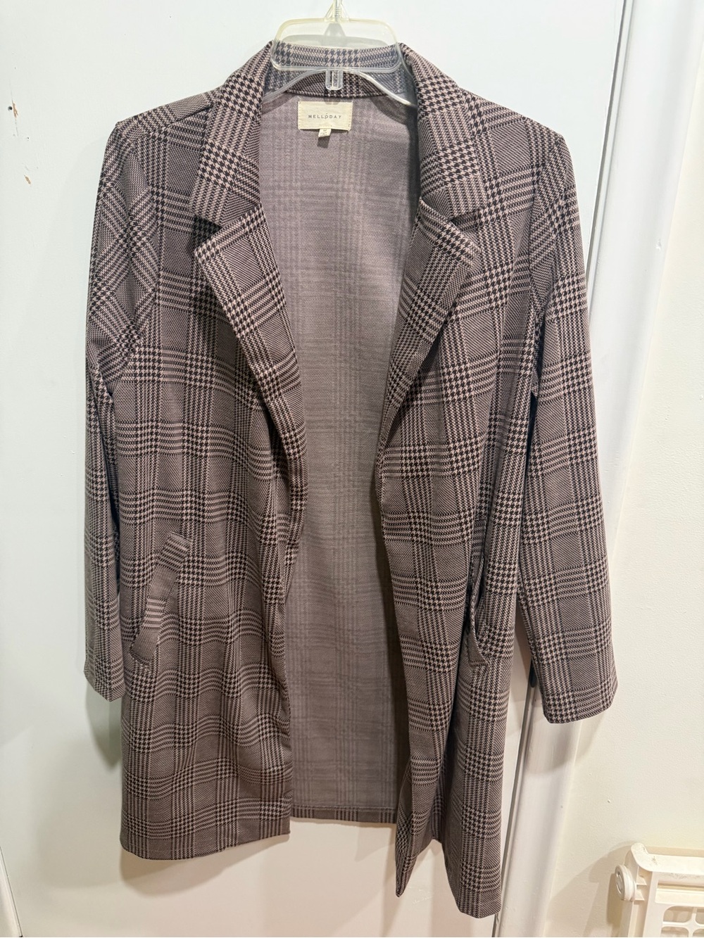 Melloday Plaid Open-Front Long Blazer Coat in Gray - Size M